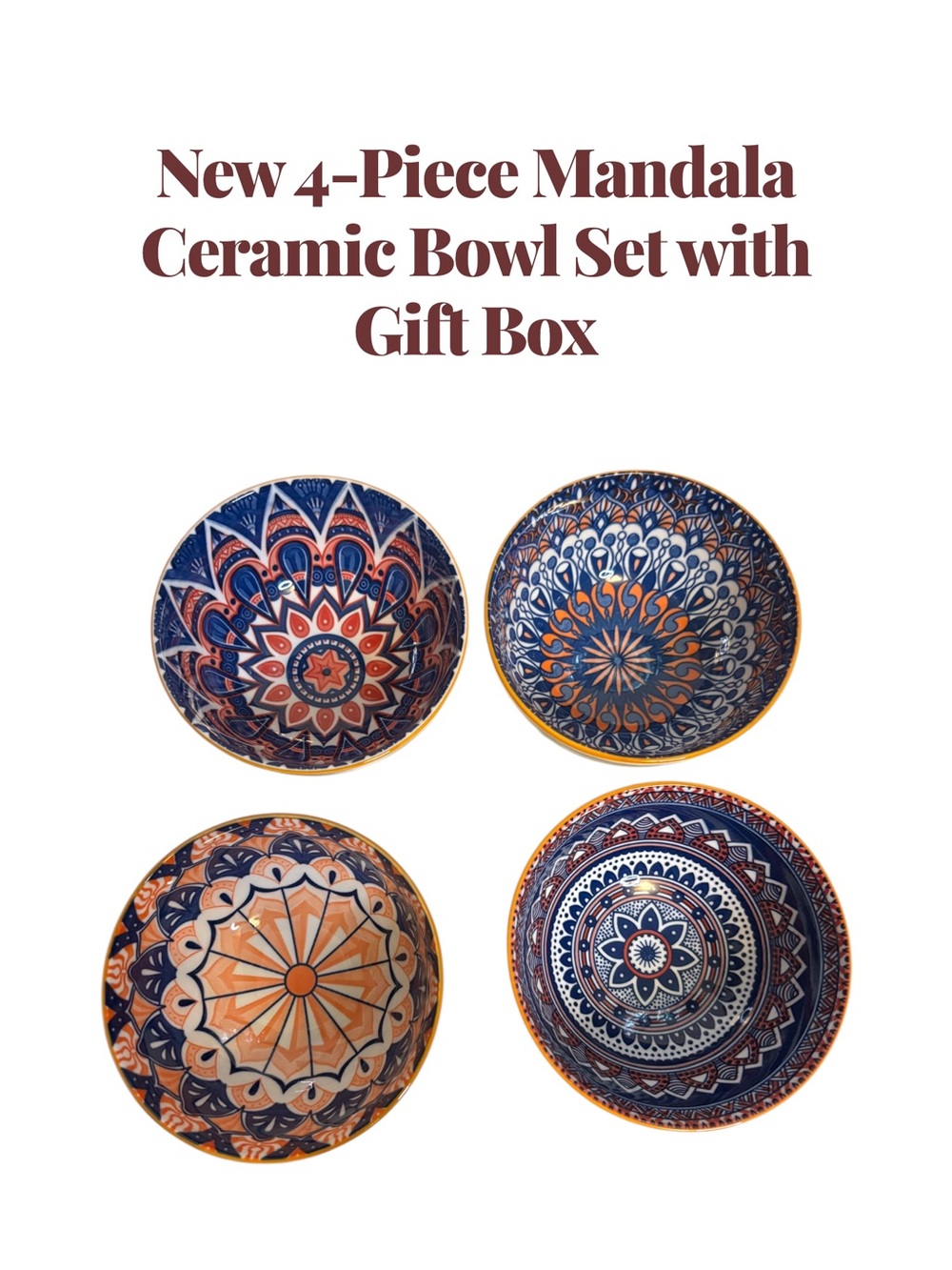 4-Piece Mandala Ceramic Bowl Set with Gift Box | Boho Decorative Bowls